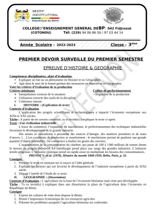 Première page de Histoire-Géographie 3e — 1er devoir surveillé, 1er semestre (2022-2023) · CEG FIYEGNON
