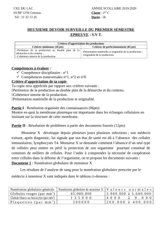 Première page de SVT 2nde C — 2e devoir surveillé, 1er semestre (2019-2020) · CEG du Lac