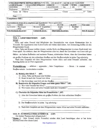 Première page de Devoir allemand 3ème sequence 5 CP mongo beti 2023-2024
