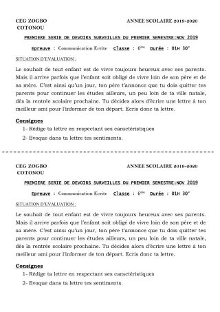 Première page de Français 6e — 1er devoir surveillé, 1er semestre (2019-2020) · CEG ZOGBO