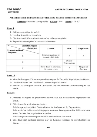 Première page de Histoire-Géographie 5e — 1er devoir surveillé, 2e semestre (2019-2020) · CEG ZOGBO