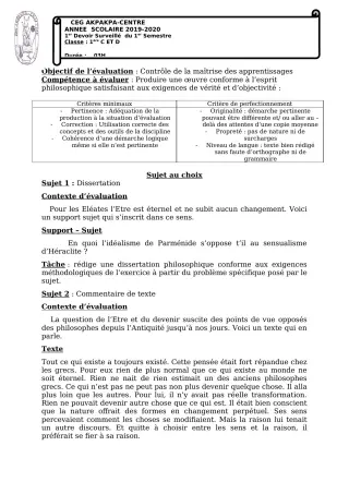 Première page de Philosophie 1ère C, 1ère D — 1er devoir surveillé, 1er semestre (2019-2020) · CEG 1 Akpakpa-Centre