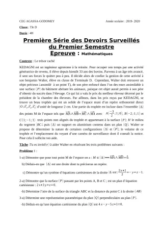 Première page de Mathématiques Tle D — 1er devoir surveillé, 1er semestre (2019-2020) · CEG Agassa Godomey
