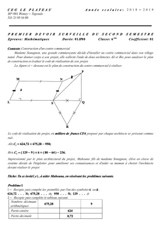 Première page de Mathématiques 6e — 1er devoir surveillé, 2e semestre (2018-2019) · CEG Le Plateau