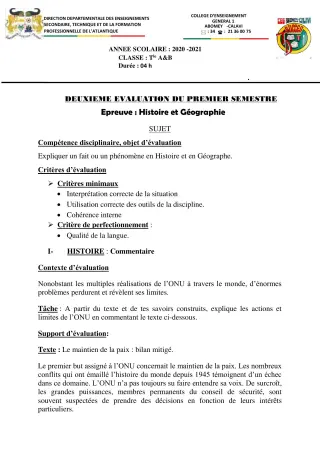 Première page de Histoire-Géographie Tle A1, Tle A2, Tle B — 1er semestre (2020-2021) · CEG1 Abomey-Calavi