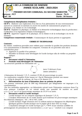 Première page de PCT Tle D — 1er devoir surveillé, 2e semestre (2023-2024) · CEG SEKERE