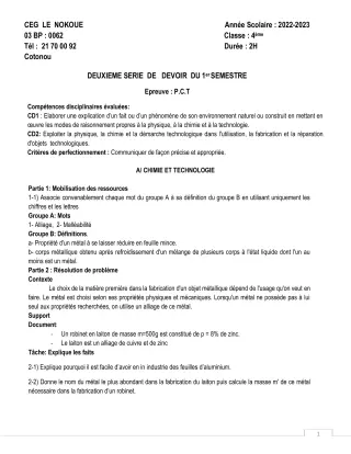 Première page de PCT 4e, 4e ML — 2e devoir surveillé, 1er semestre (2022-2023) · CEG LE NOKOUE