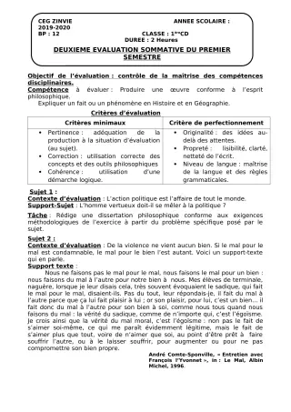 Première page de Philosophie 1ère C, 1ère D — 2e évaluation sommative, 1er semestre (2019-2020) · CEG Zinvié