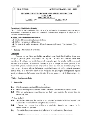 Première page de PCT 6e — 1er devoir surveillé, 2e semestre (2021-2022) · CEG ZONGO