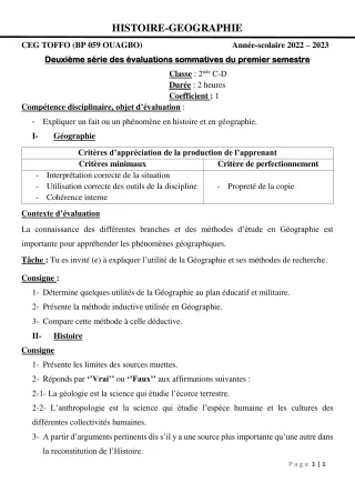 Première page de Histoire-Géographie 2nde C, 2nde D — 2e évaluation sommative, 1er semestre (2022-2023) · CEG - TOFFO