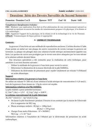 Première page de PCT 1ère C, 1ère D — 2e devoir surveillé, 2e semestre (2020-2021) · CEG Agassa Godomey