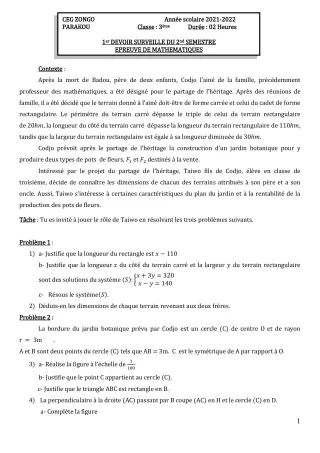 Première page de Mathématiques 3e — 1er devoir surveillé, 2e semestre (2021-2022) · CEG ZONGO