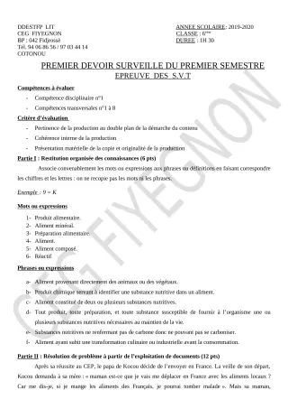 Première page de SVT 6e — 1er devoir surveillé, 1er semestre (2019-2020) · CEG FIYEGNON