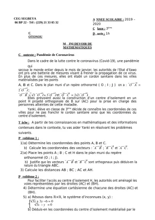 Première page de Mathématiques 3e — 1er devoir surveillé (2019-2020) · CEG SEGBEYA