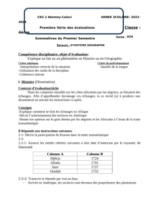 Première page de Histoire-Géographie 4e — 1re évaluation sommative, 1er semestre (2023-2024) · CEG2 ABOMEY - CALAVI (CEG ZOCA)