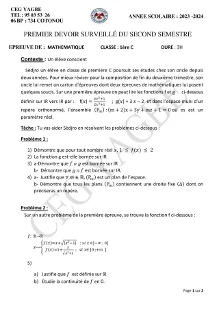 Première page de Mathématiques 1ère C — 1er devoir surveillé, 2e semestre (2023-2024) · CEG Yagbe