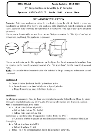 Première page de Mathématiques 6e — 1er devoir surveillé, 1er semestre (2019-2020) · CEG1 Kalalé