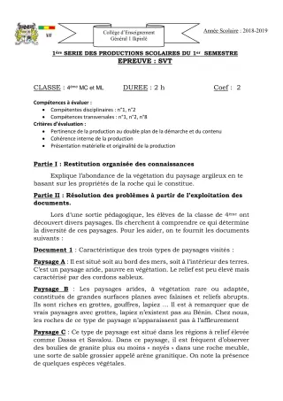 Première page de SVT 4e, 4e ML, 2nde D, 1ère A — 1re production scolaire, 1er semestre (2018-2019) · CEG1 Ikpinlè