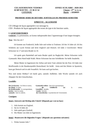 Première page de Allemand 4e, 4e ML — 1er devoir surveillé, 1er semestre (2020-2021) · CEG Kouhounou-Vêdoko