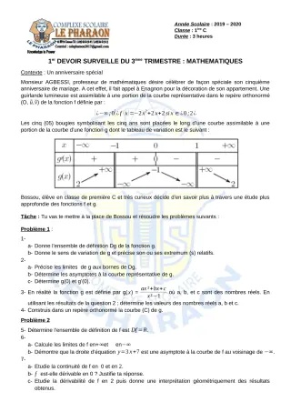 Première page de Mathématiques 1ère C — 1er devoir surveillé, 3e trimestre (2019-2020) · CPEG LE PHARAON