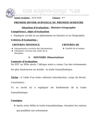 Première page de Histoire-Géographie 4e — 1er devoir surveillé, 1er semestre (2019-2020) · CEG ADJOVICODJI 'LES OLIVIERS'