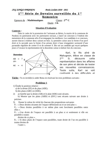 Première page de Mathématiques 2nde C — 1er devoir surveillé, 1er semestre (2020-2021) · CEG ZONGO