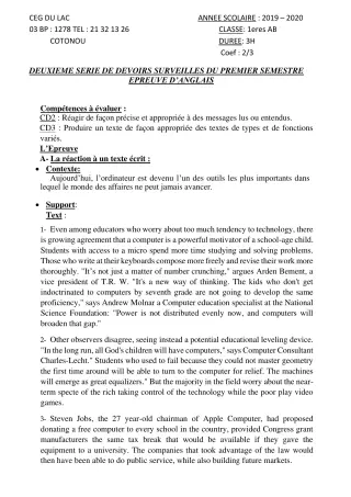 Première page de Anglais 1ère A2, 1ère B — 2e devoir surveillé, 1er semestre (2019-2020) · CEG du Lac