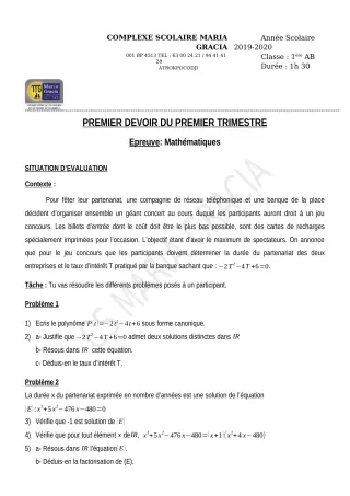 Première page de Mathématiques 1ère A, 1ère B — 1er devoir surveillé, 1er trimestre (2019-2020) · CPEG MARIA GRACIA
