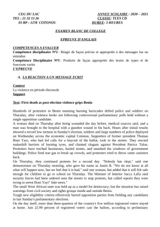 Première page de Examen Blanc de ANGLAIS — Tle C, Tle D — CEG du Lac (2020)