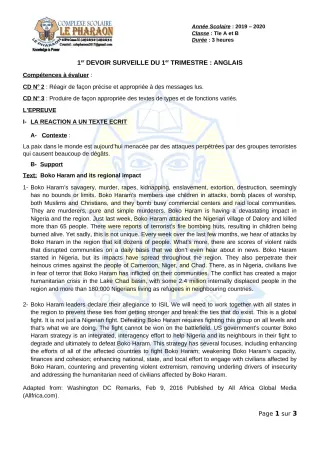 Première page de Anglais 2nde B, Tle A, Tle B — 1er devoir surveillé, 1er trimestre (2019-2020) · CPEG LE PHARAON