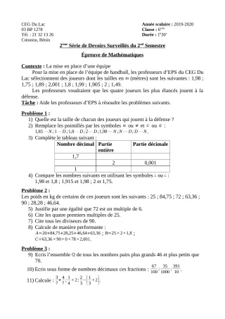 Première page de Mathématiques 6e — 2e devoir surveillé, 2e semestre (2019-2020) · CEG du Lac