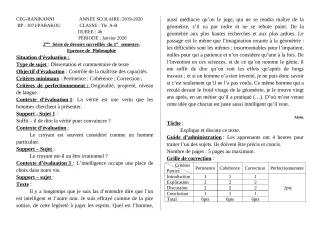 Première page de Philosophie 2nde A2, 2nde B, 2nde C, 2nde D, 1ère A2, 1ère B, 1ère C, 1ère D, Tle A1, Tle A2, Tle B, Tle C, Tle D — 2e devoir surveillé, 1er semestre (2019-2020) · CEG Banikanni