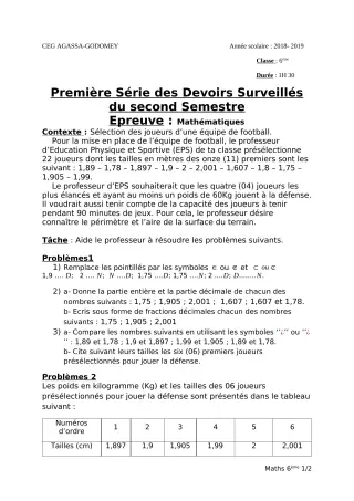 Première page de Mathématiques 6e, 5e, 4e, 4e ML, 3e, 3e ML — 1er devoir surveillé, 2e semestre (2018-2019) · CEG Agassa Godomey