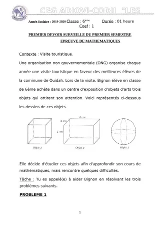 Première page de Mathématiques 6e — 1er devoir surveillé, 1er semestre (2019-2020) · CEG ADJOVICODJI 'LES OLIVIERS'
