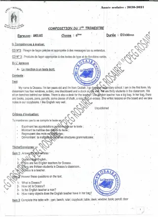Première page de Anglais 6e — 1re composition, 1er trimestre (2020-2021) · CPEG ROSAIRE