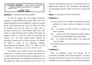 Première page de Mathématiques 3e — Devoir surveillé, 2e semestre (2019-2020) · CEG BAKA