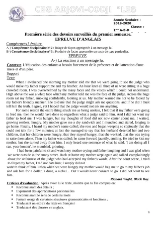 Première page de Anglais 1ère B — 1er devoir surveillé, 1er semestre (2019-2020) · CEG ADJOVICODJI 'LES OLIVIERS'