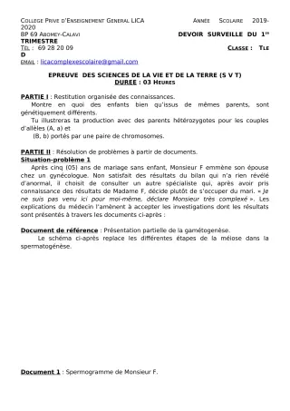 Première page de SVT Tle C, Tle D — Devoir surveillé, 1er trimestre (2019-2020) · CPEG LICA
