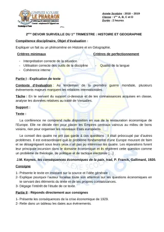 Première page de Histoire-Géographie 1ère A, 1ère B, 1ère C, 1ère D — 2e devoir surveillé, 1er trimestre (2019-2020) · CPEG LE PHARAON