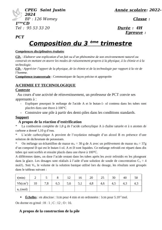Première page de PCT 1ère D — Composition, 3e trimestre (2023-2024) · CPEG SAINT Justin