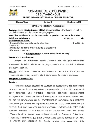 Première page de Histoire-Géographie 2nde A, 2nde A1, 2nde A2, 2nde D, 1ère A, 1ère A1, 1ère A2, 1ère D, Tle A & B, Tle A1, Tle A2, Tle D — Devoir surveillé, 1er semestre (2019-2020) · CEG AYAHOHOUE
