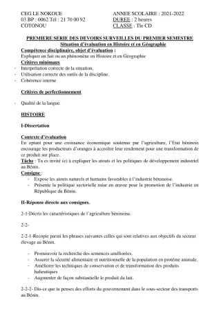 Première page de Histoire-Géographie Tle C, Tle D — 1er devoir surveillé, 1er semestre (2021-2022) · CEG LE NOKOUE