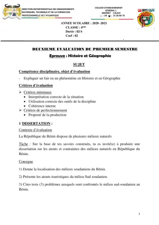 Première page de Histoire-Géographie 4e — 1er semestre (2020-2021) · CEG1 Abomey-Calavi