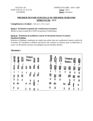 Première page de SVT Tle C — 1er devoir surveillé, 1er semestre (2019-2020) · CEG du Lac