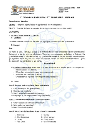 Première page de Anglais 6e — 1er devoir surveillé, 3e trimestre (2019-2020) · CPEG LE PHARAON