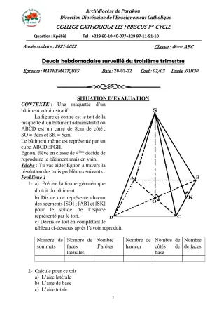 Première page de Mathématiques 4e — Devoir surveillé, 3e trimestre (2021-2022) · Hibiscus 1er cycle