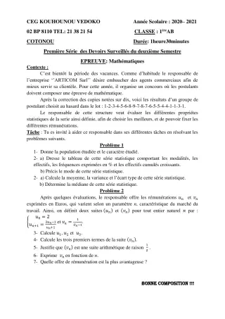 Première page de Mathématiques 1ère A1, 1ère A2 — 1er devoir surveillé, 2e semestre (2020-2021) · CEG Kouhounou-Vêdoko