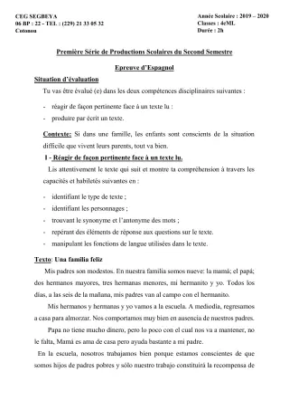 Première page de Espagnol 4e ML — 1re production scolaire, 2e semestre (2019-2020) · CEG SEGBEYA