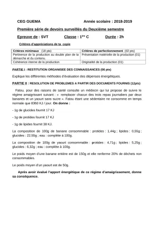 Première page de SVT 1ère C — 1er devoir surveillé, 2e semestre (2018-2019) · ceg guema