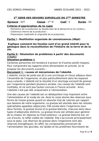 Première page de SVT 1ère D — 1er devoir surveillé, 2e semestre (2021-2022) · CEG ZONGO